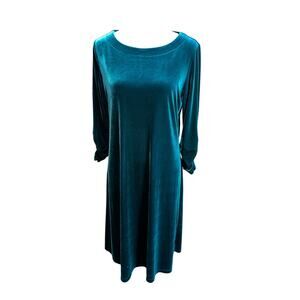 Susan Graver Dress Velvet Shift Pullover 3/4 sleeve Green M Dark Holiday wedding